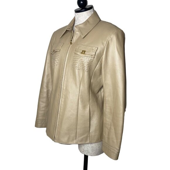 St John Sport By Marie Gray Womens Jacket Size Small Beige Irridescent Leather - Picture 2 of 15
